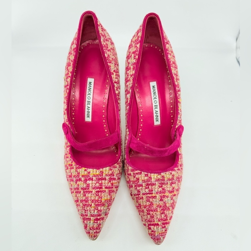 Manolo Blahnik Pink multicolor Tweed Suede Mary Jane Pumps Heels EU 40 - Picture 2 of 7